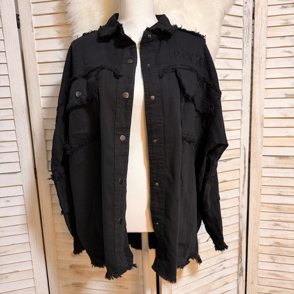 Elan Black Rhinestone Frayed Button-Up Jacket - Picture 5 of 9